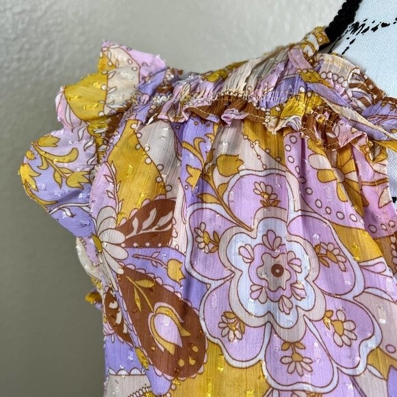 Maison d' Amelie yellow blouse purple paisley print top flutter sleeve size S - Picture 6 of 15